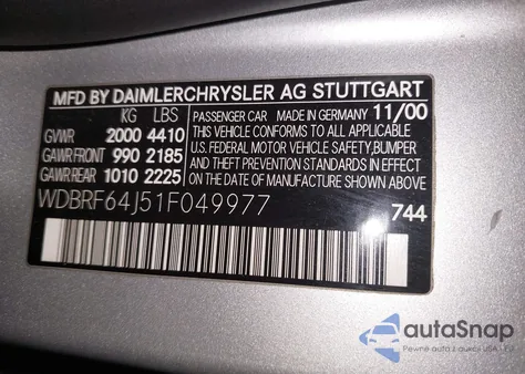 2001 Mercedes-Benz C 320 from USA, damaged, VIN WDBRF64J51F049977